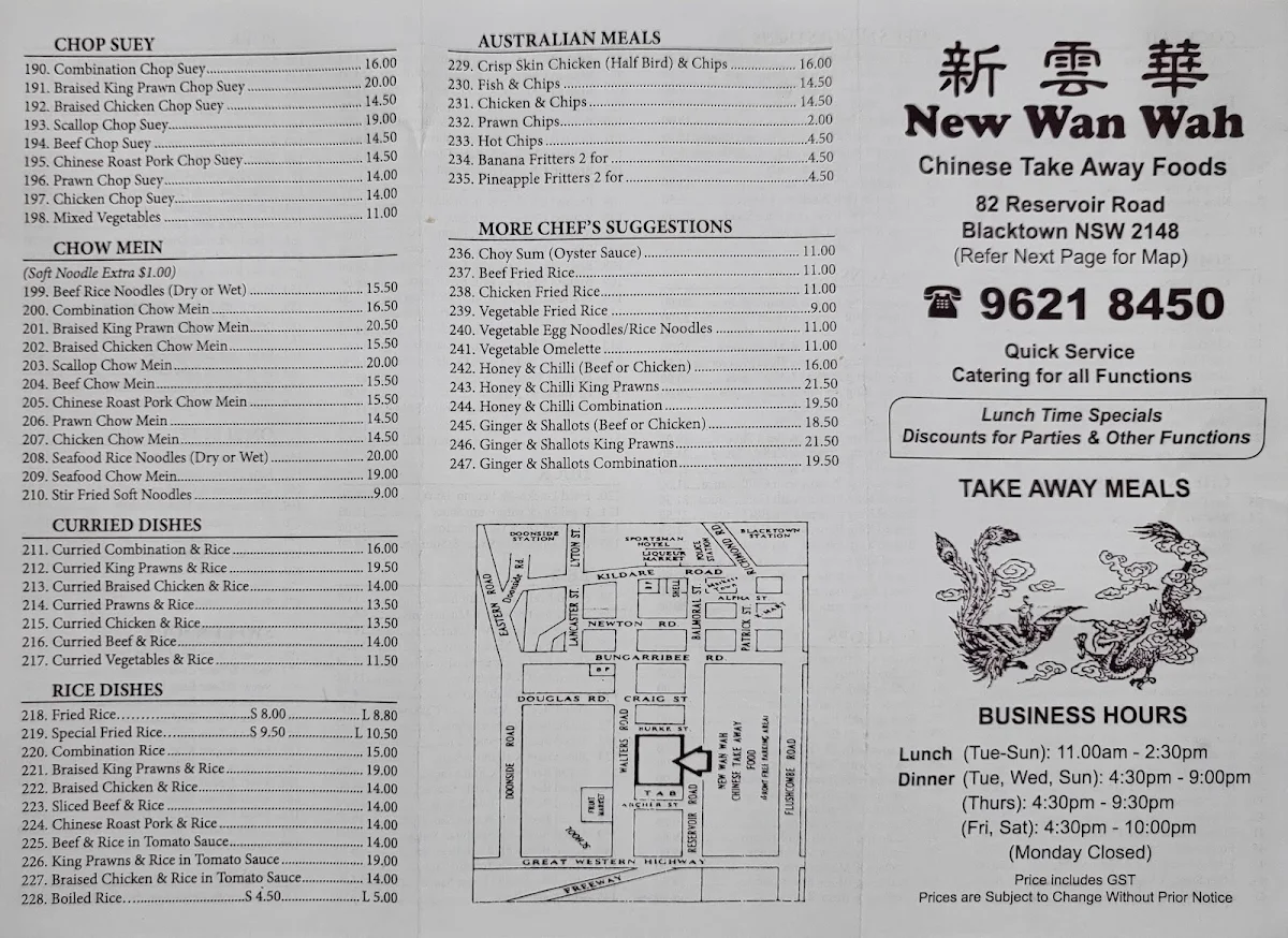 Menu, New Wan Wah