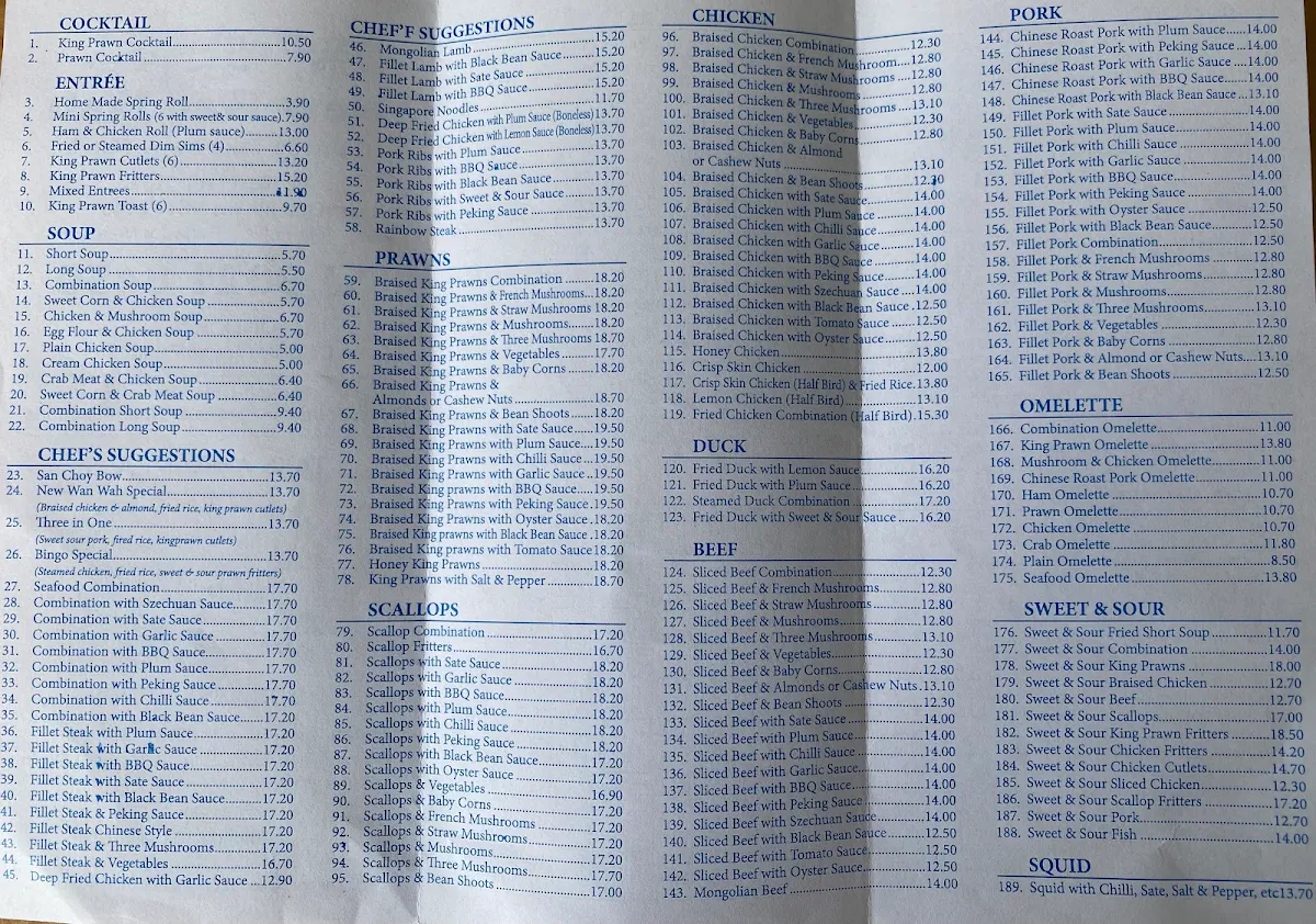 Menu, New Wan Wah