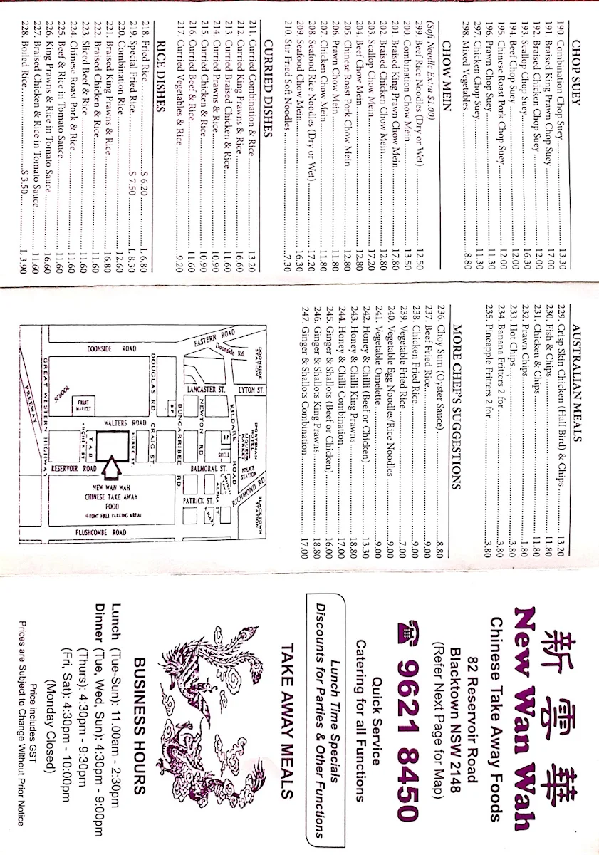 Menu, New Wan Wah