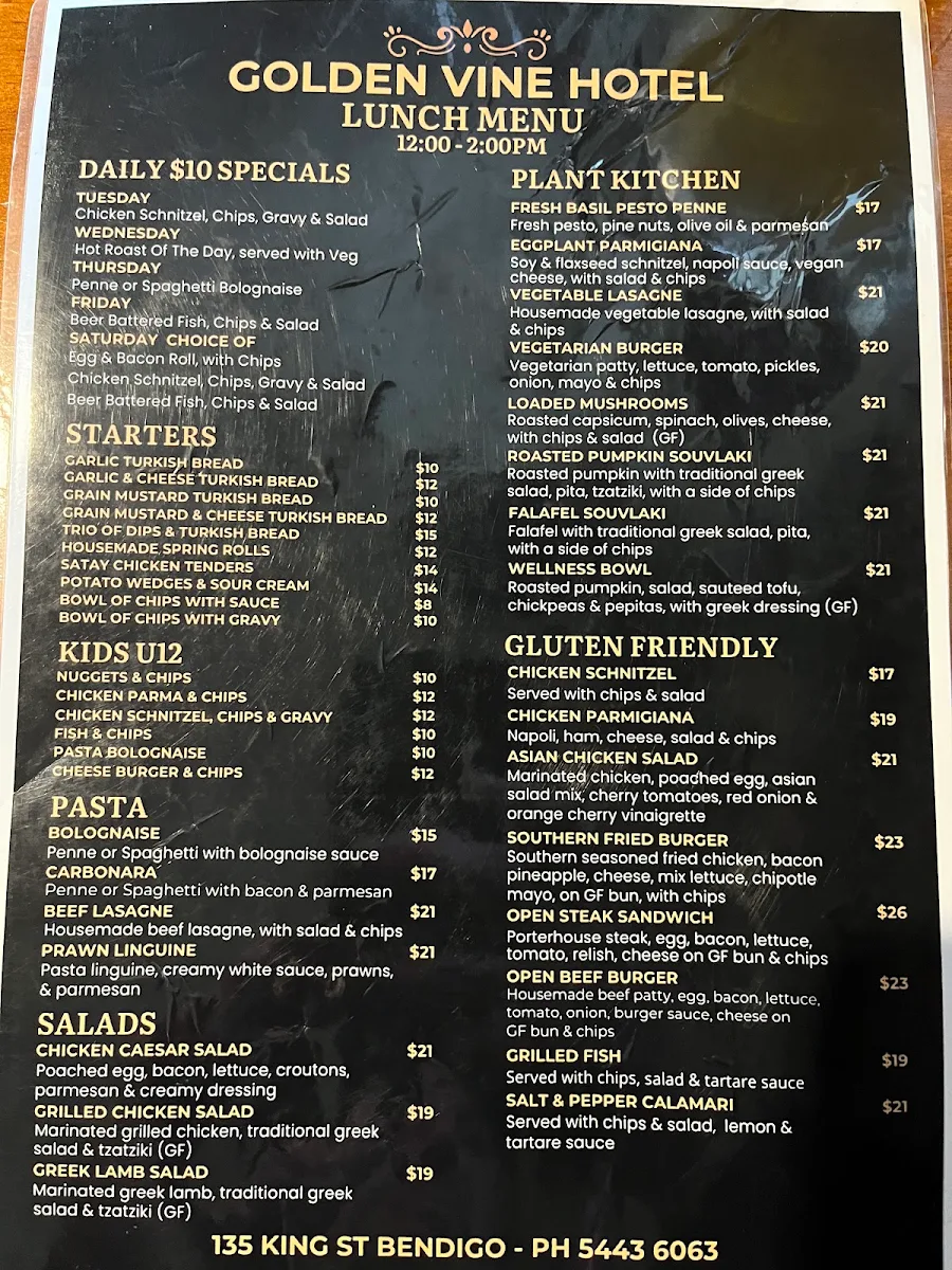 Menu, Golden Vine Hotel