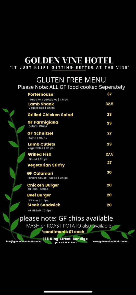 Menu, Golden Vine Hotel