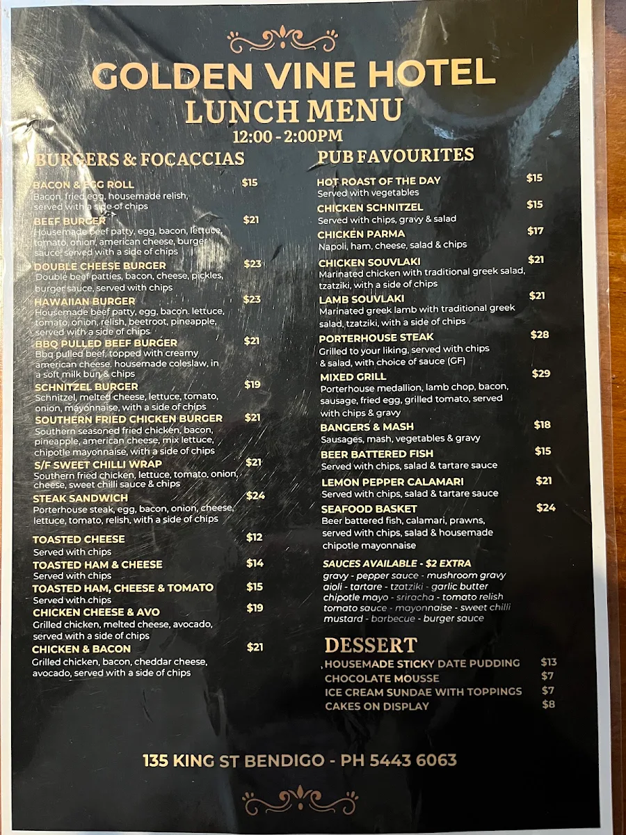 Menu, Golden Vine Hotel