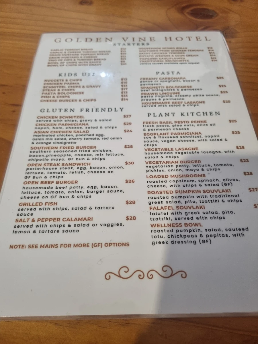 Menu, Golden Vine Hotel
