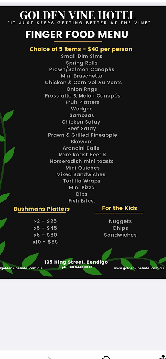 Menu, Golden Vine Hotel