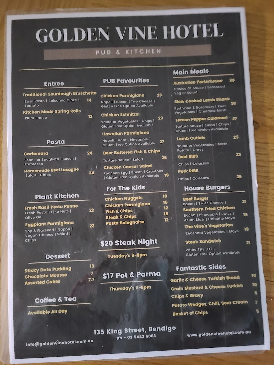 Menu, Golden Vine Hotel