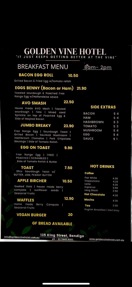 Menu, Golden Vine Hotel