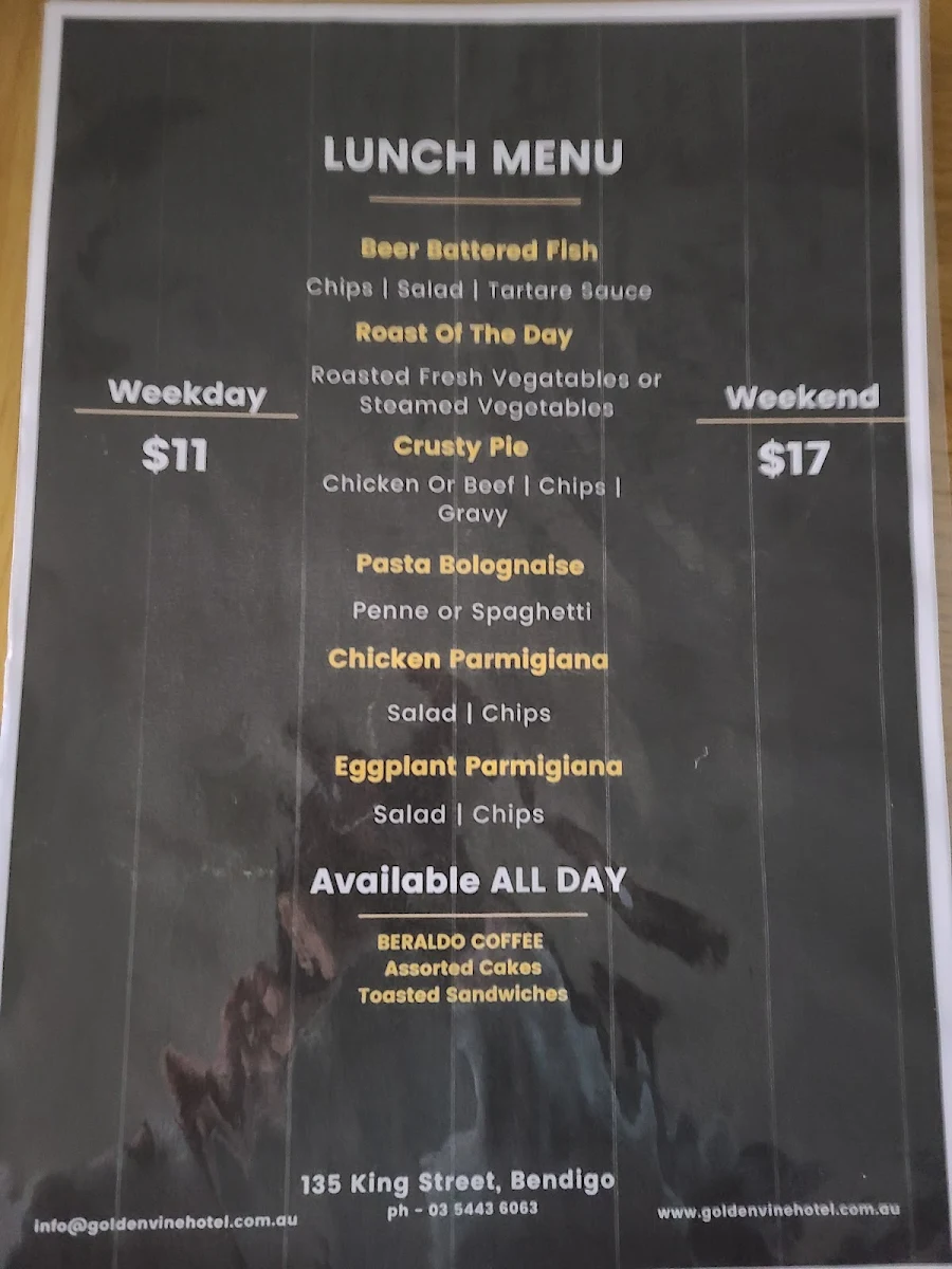 Menu, Golden Vine Hotel