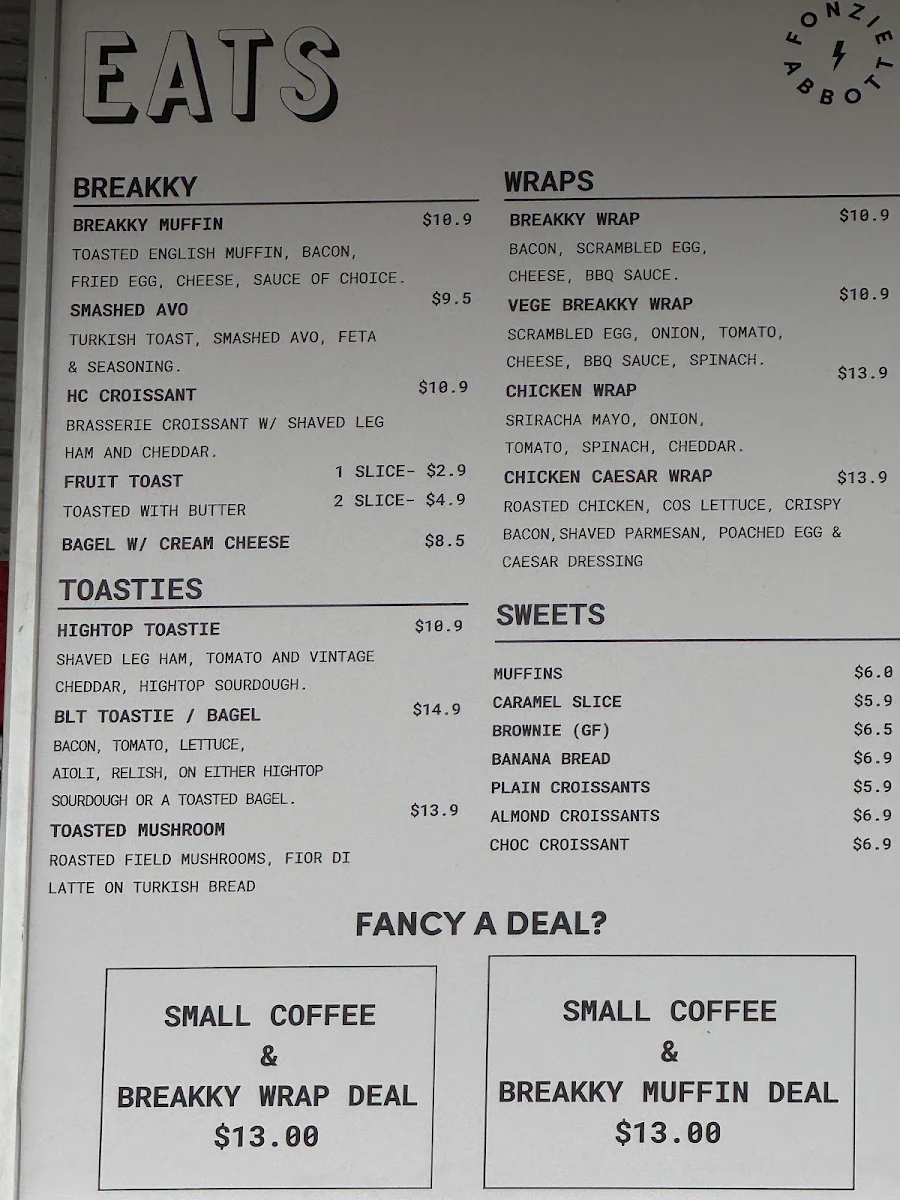 Menu, Fonzie Abbott Drive Thru