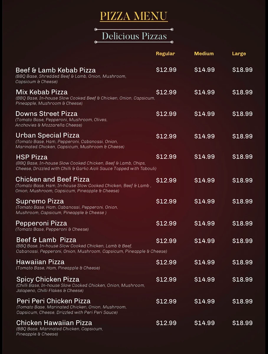 Menu, Urban Pide and Grill