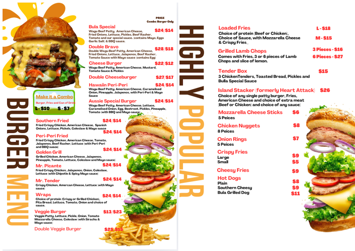 Menu, Bula Burgers - Burgers, BBQ & Island Foods