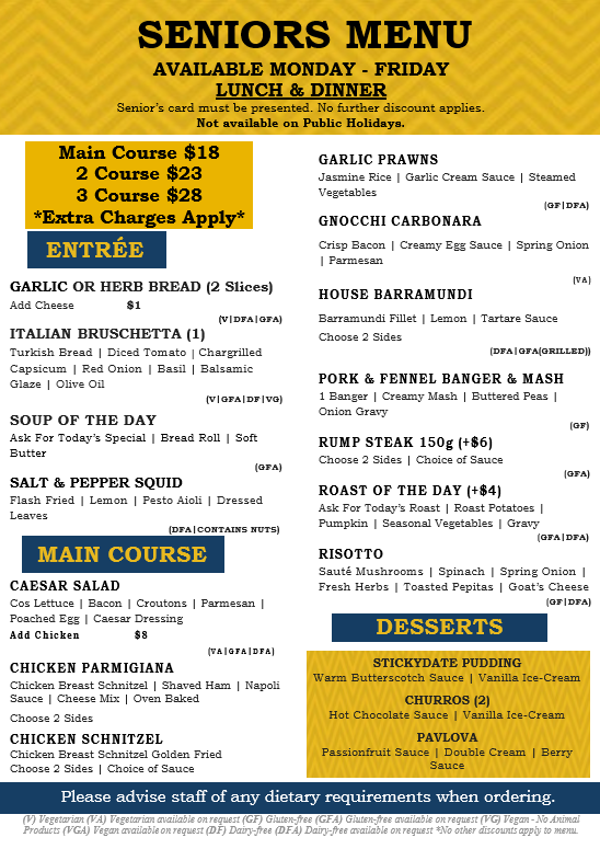 Menu, Ballarat Leagues Club