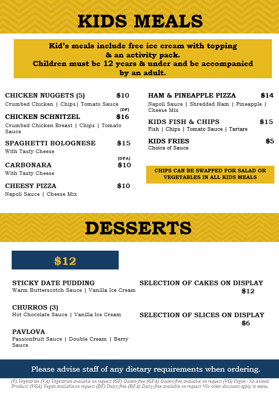Menu, Ballarat Leagues Club