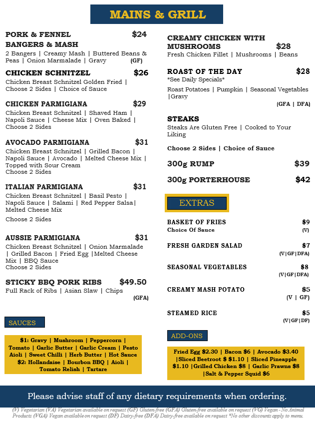 Menu, Ballarat Leagues Club