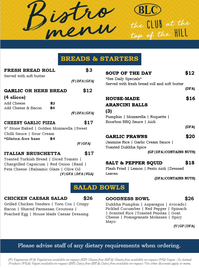Menu, Ballarat Leagues Club
