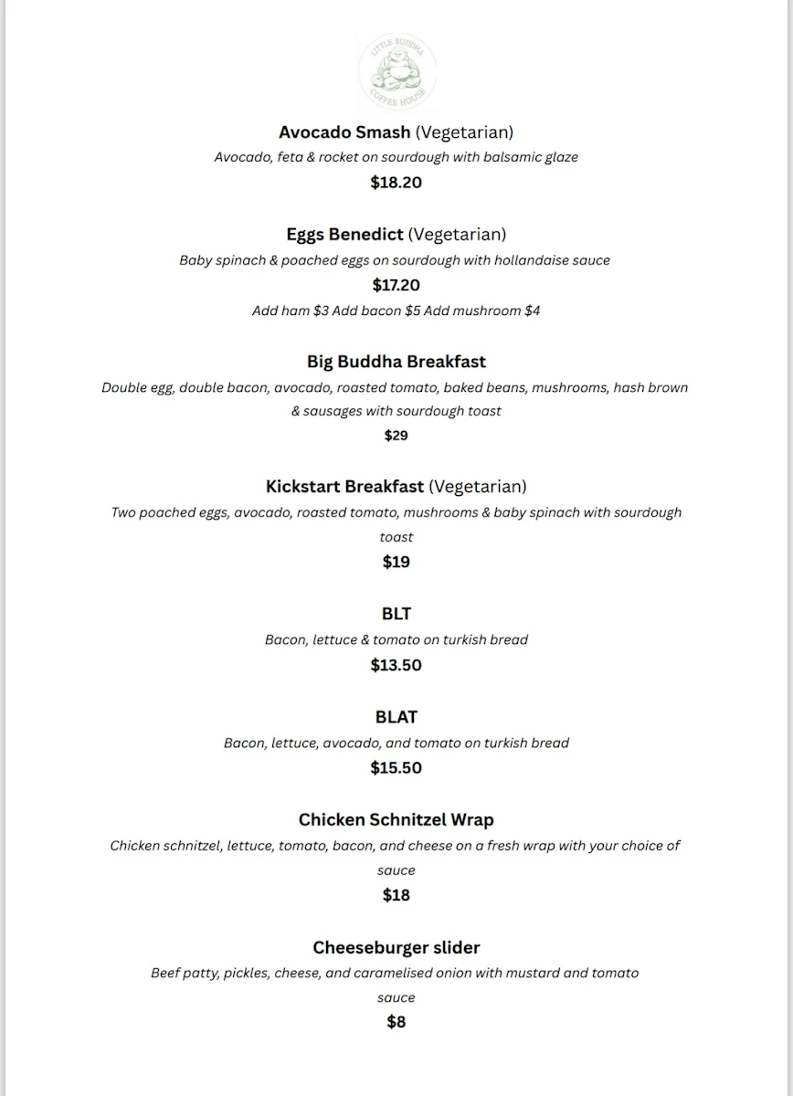 Menu, Little Buddha Coffee House