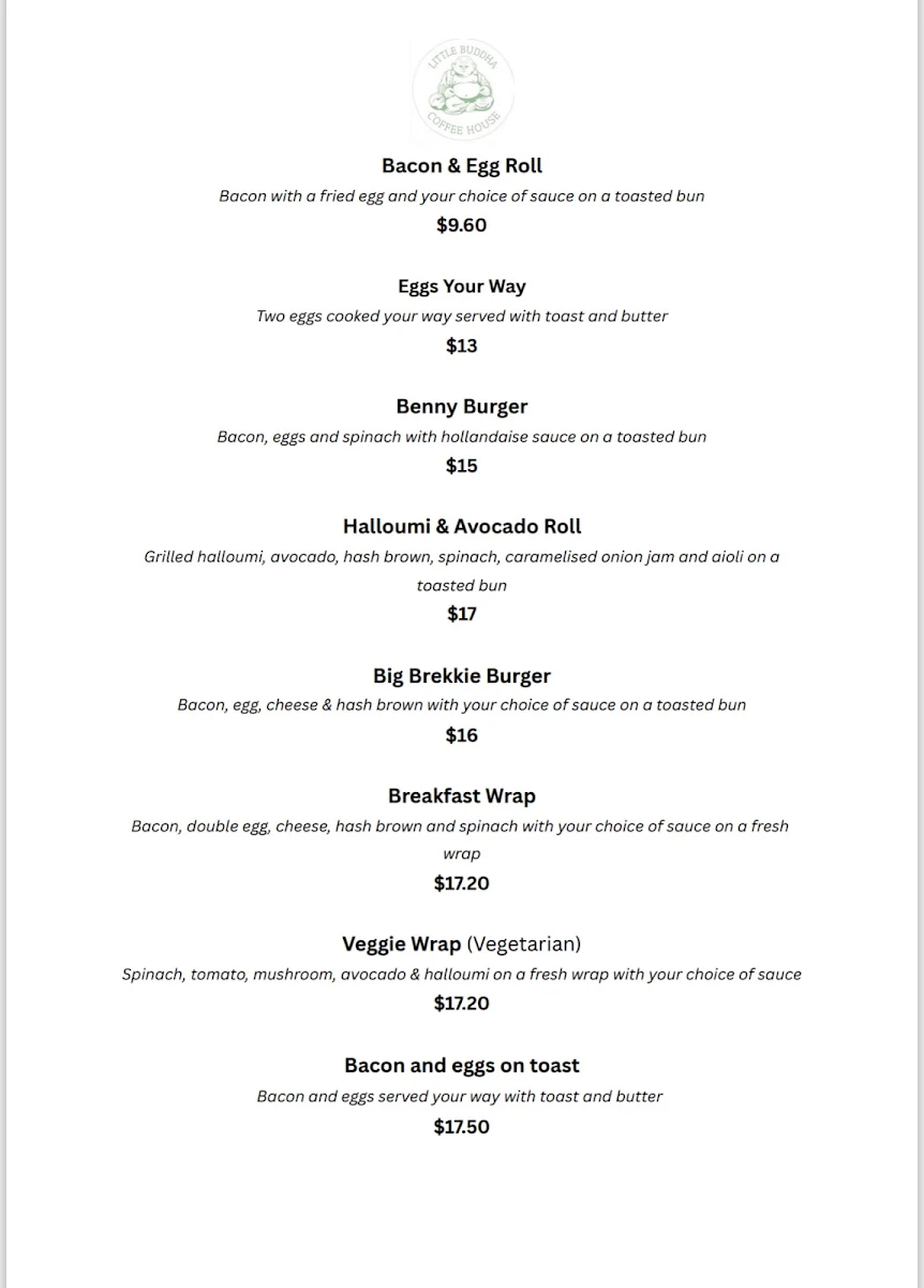 Menu, Little Buddha Coffee House