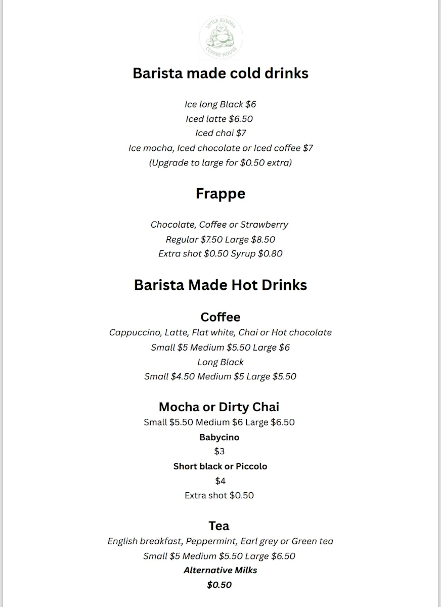 Menu, Little Buddha Coffee House