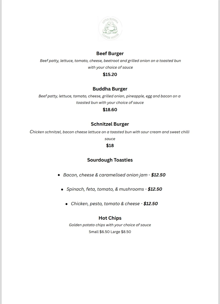 Menu, Little Buddha Coffee House