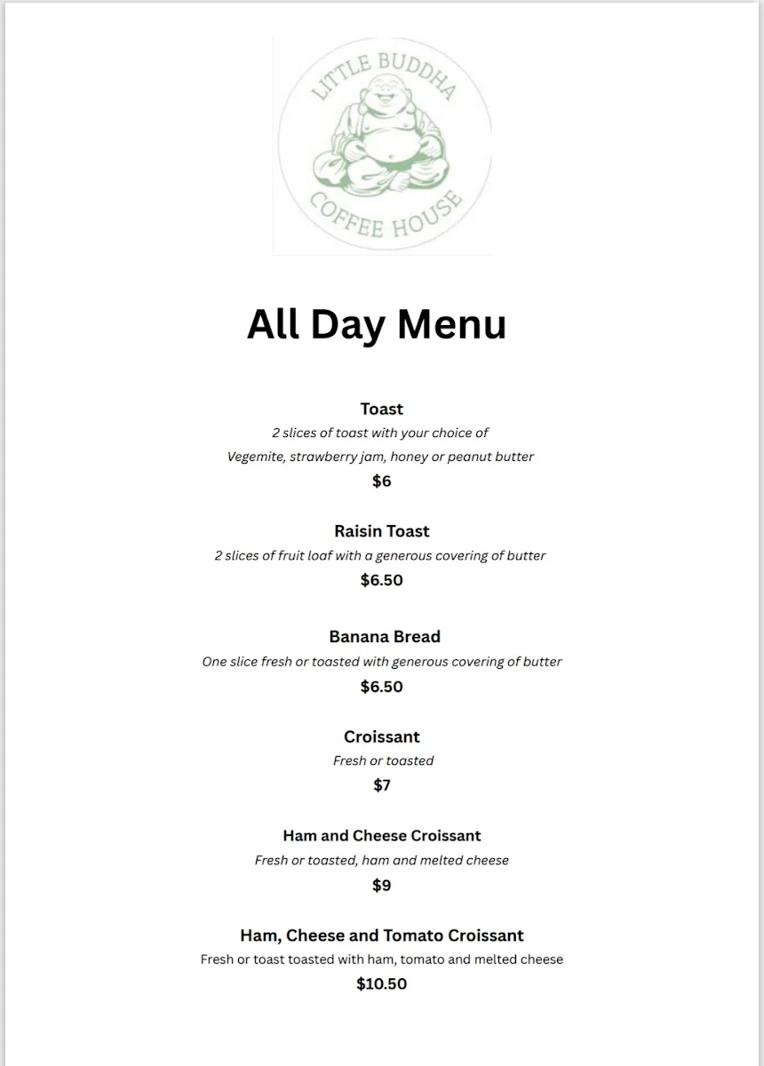 Menu, Little Buddha Coffee House