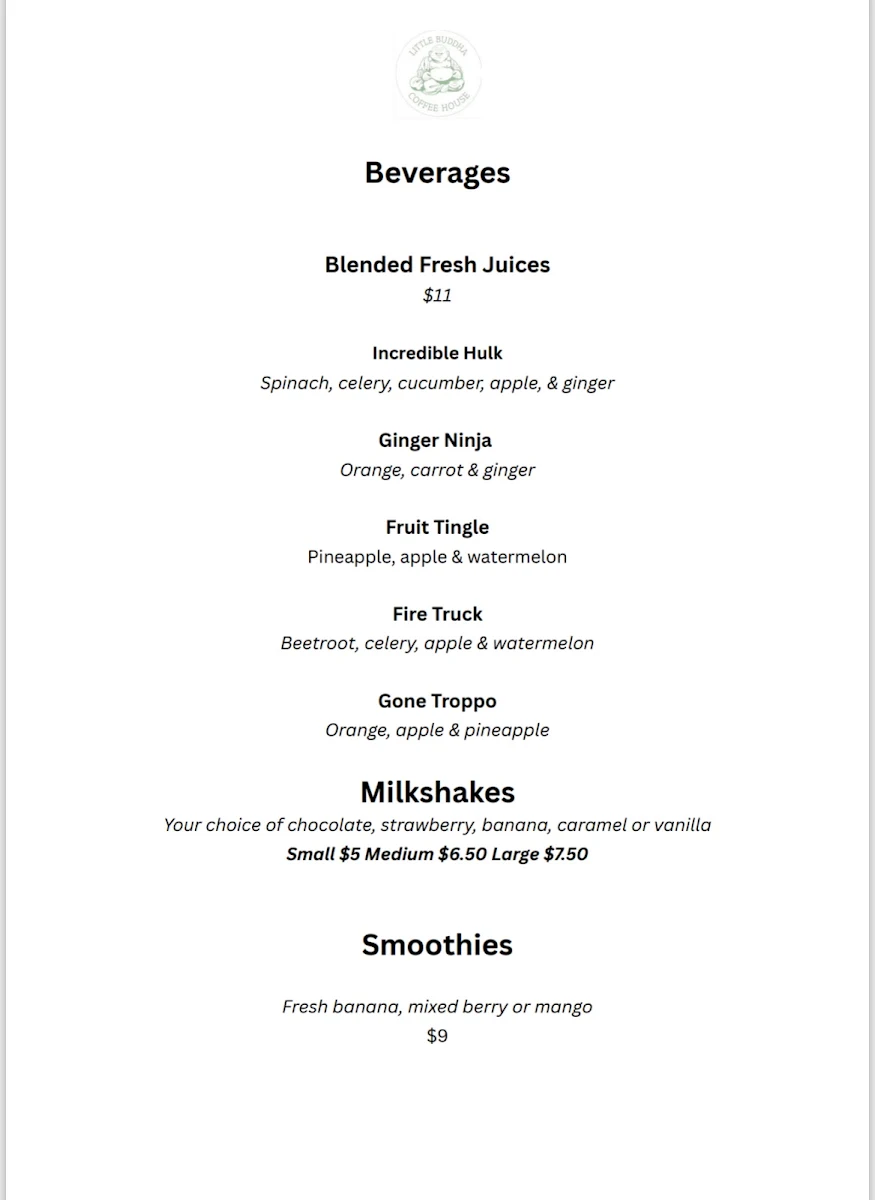 Menu, Little Buddha Coffee House