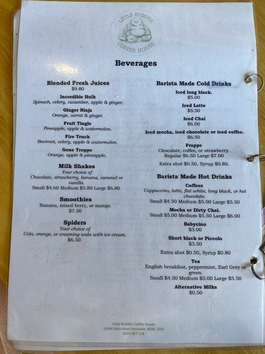 Menu, Little Buddha Coffee House