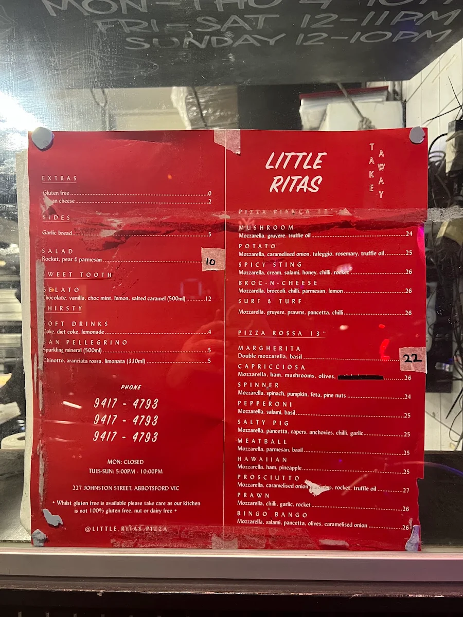 Menu, Little Rita's