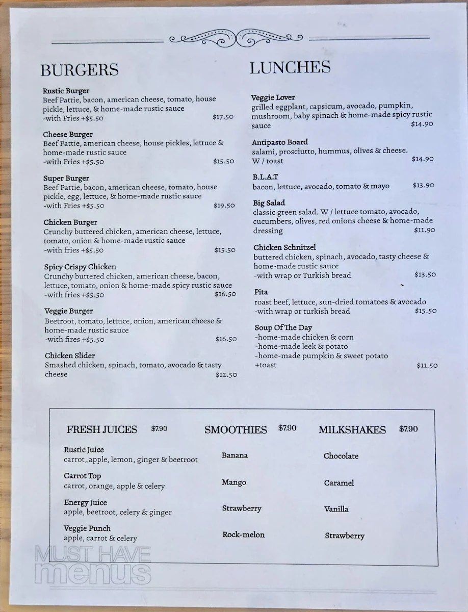 Menu, The Rustic Table