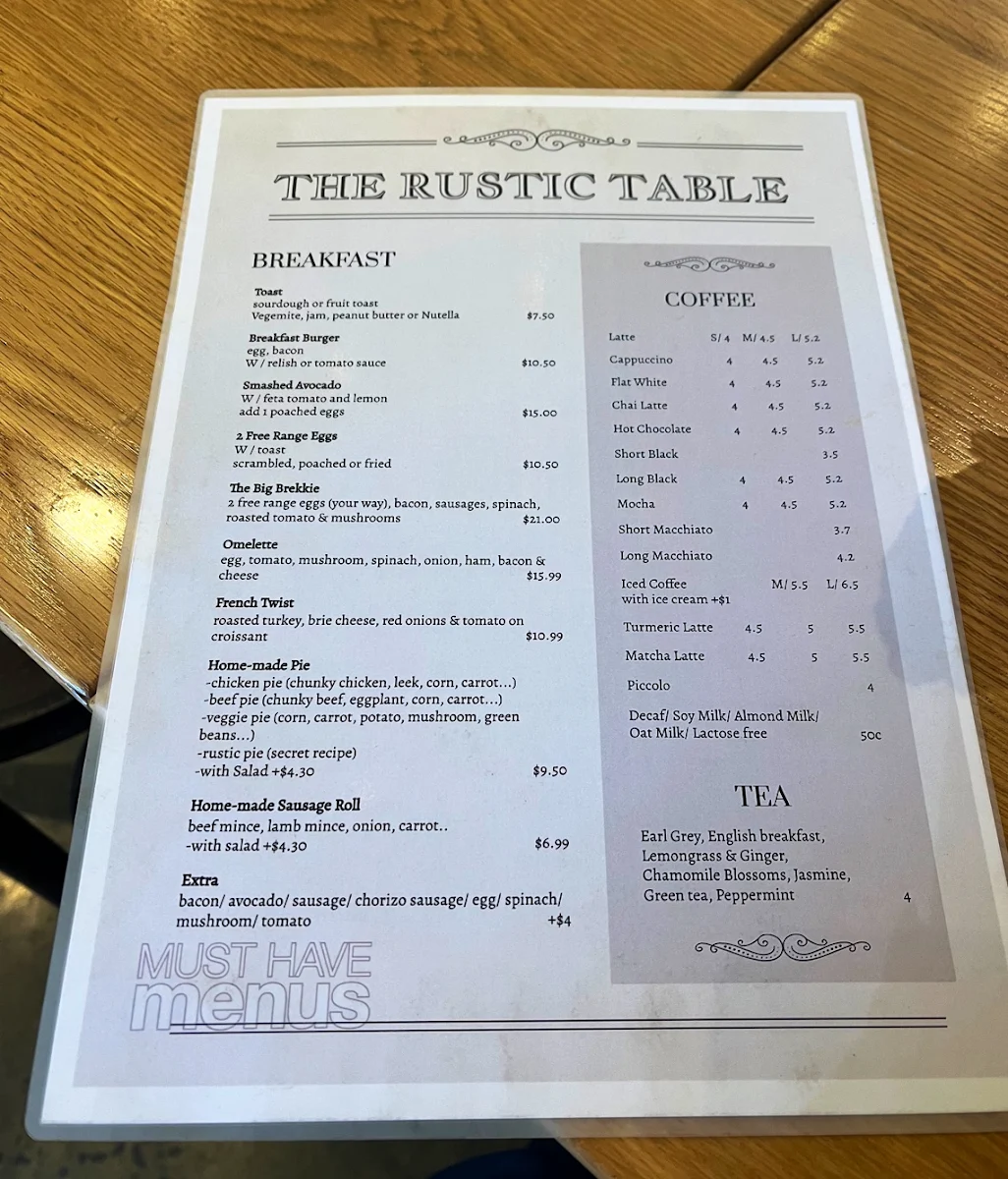Menu, The Rustic Table