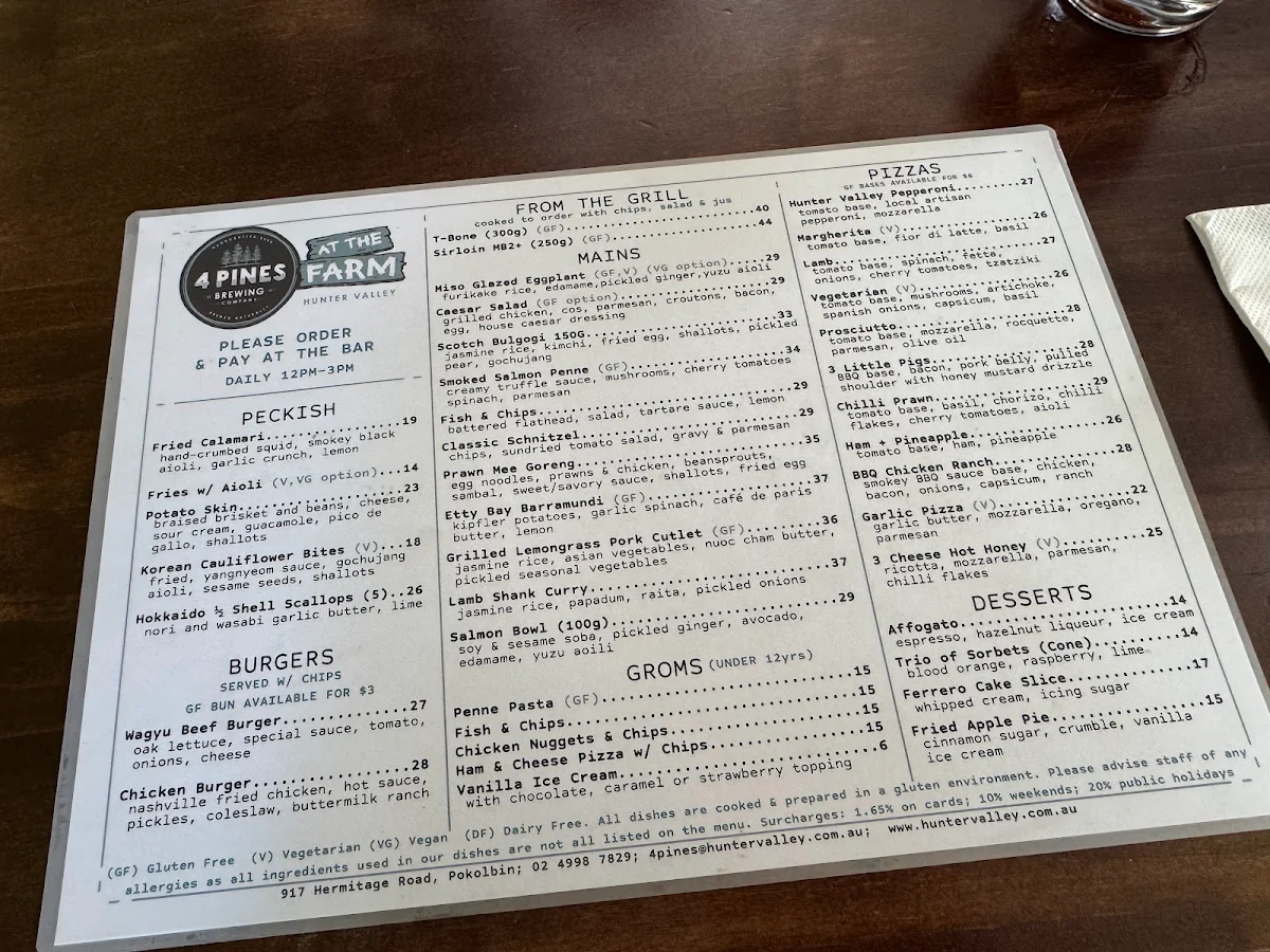 Menu, 4 Pines at the Farm + Barrel Bistro - Hunter Valley