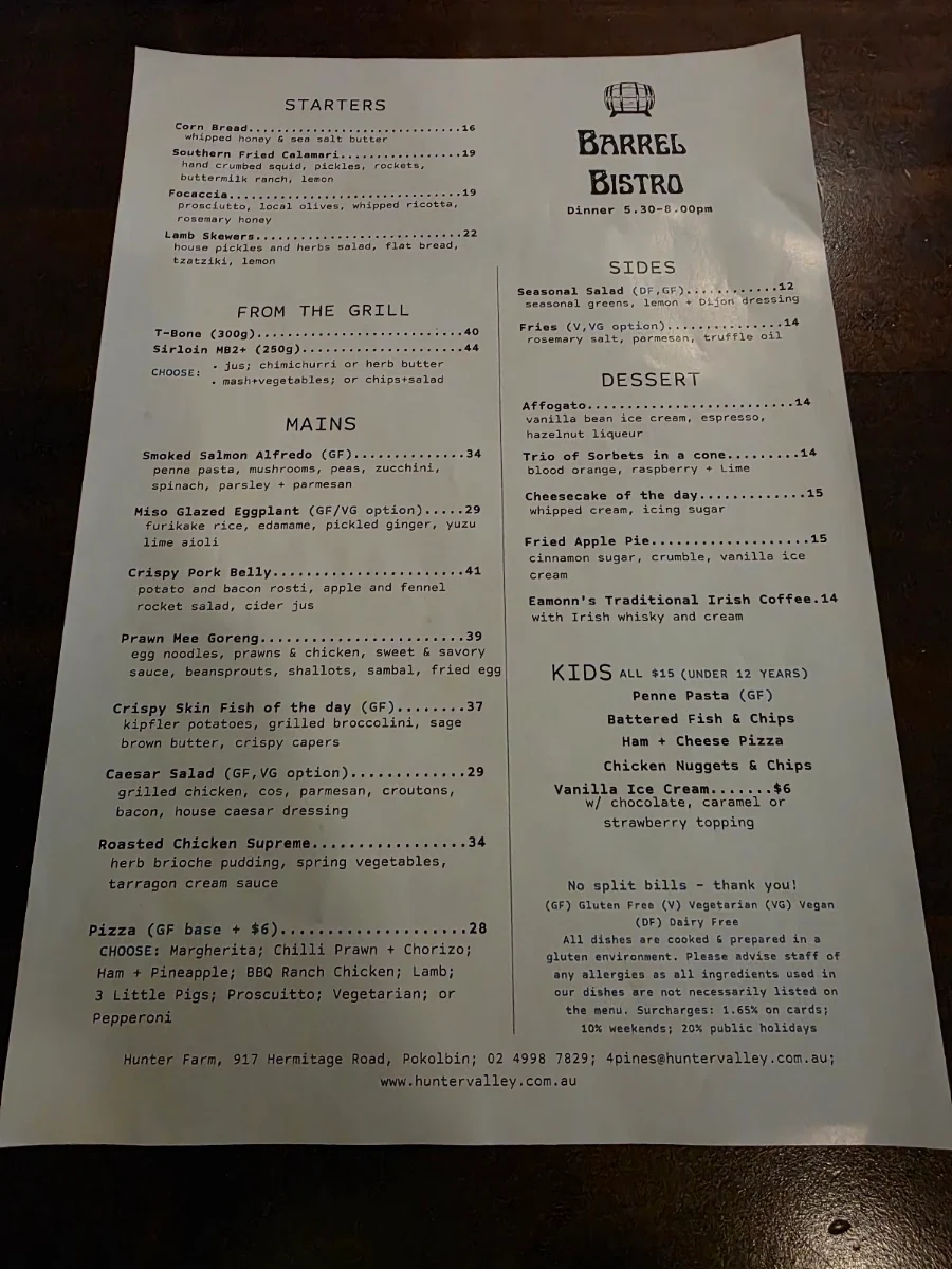 Menu, 4 Pines at the Farm + Barrel Bistro - Hunter Valley