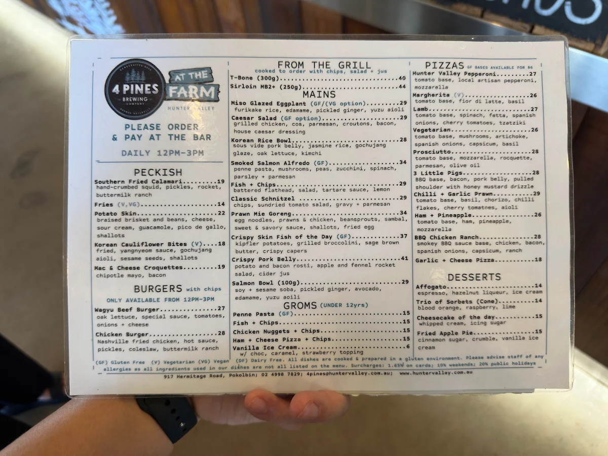 Menu, 4 Pines at the Farm + Barrel Bistro - Hunter Valley