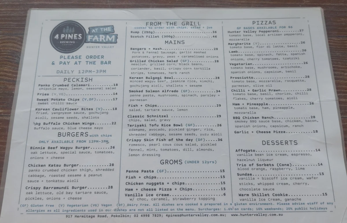 Menu, 4 Pines at the Farm + Barrel Bistro - Hunter Valley