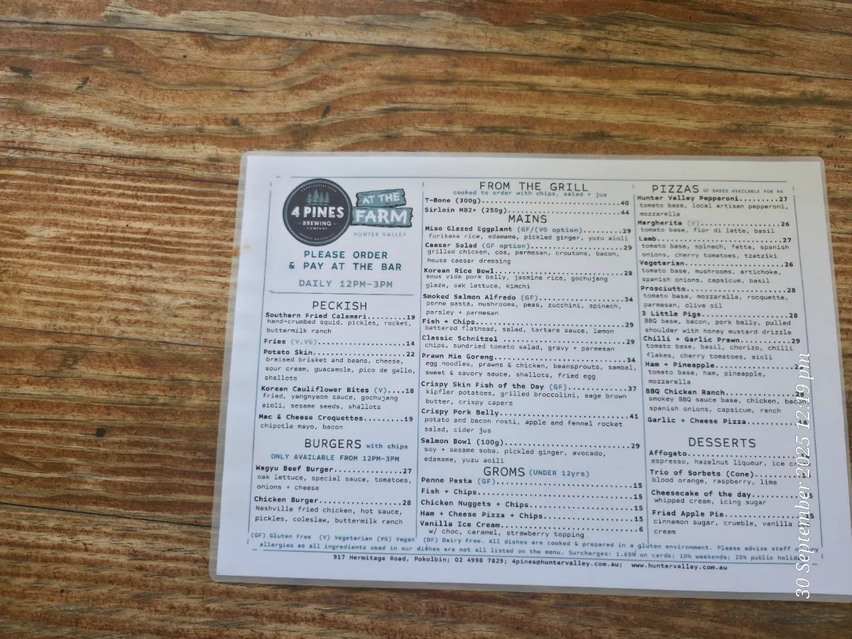 Menu, 4 Pines at the Farm + Barrel Bistro - Hunter Valley
