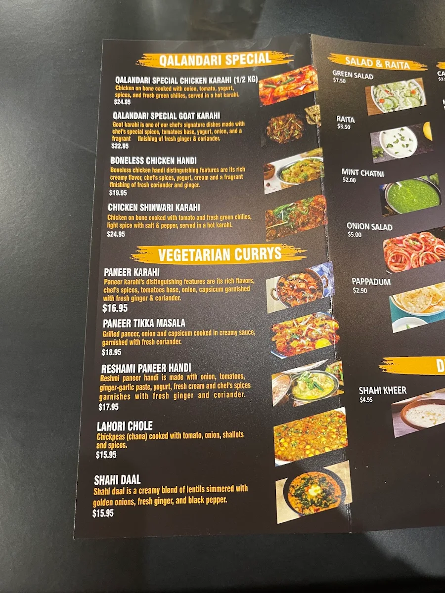 Menu, Qalandari “The Taste of Karachi” Restaurant