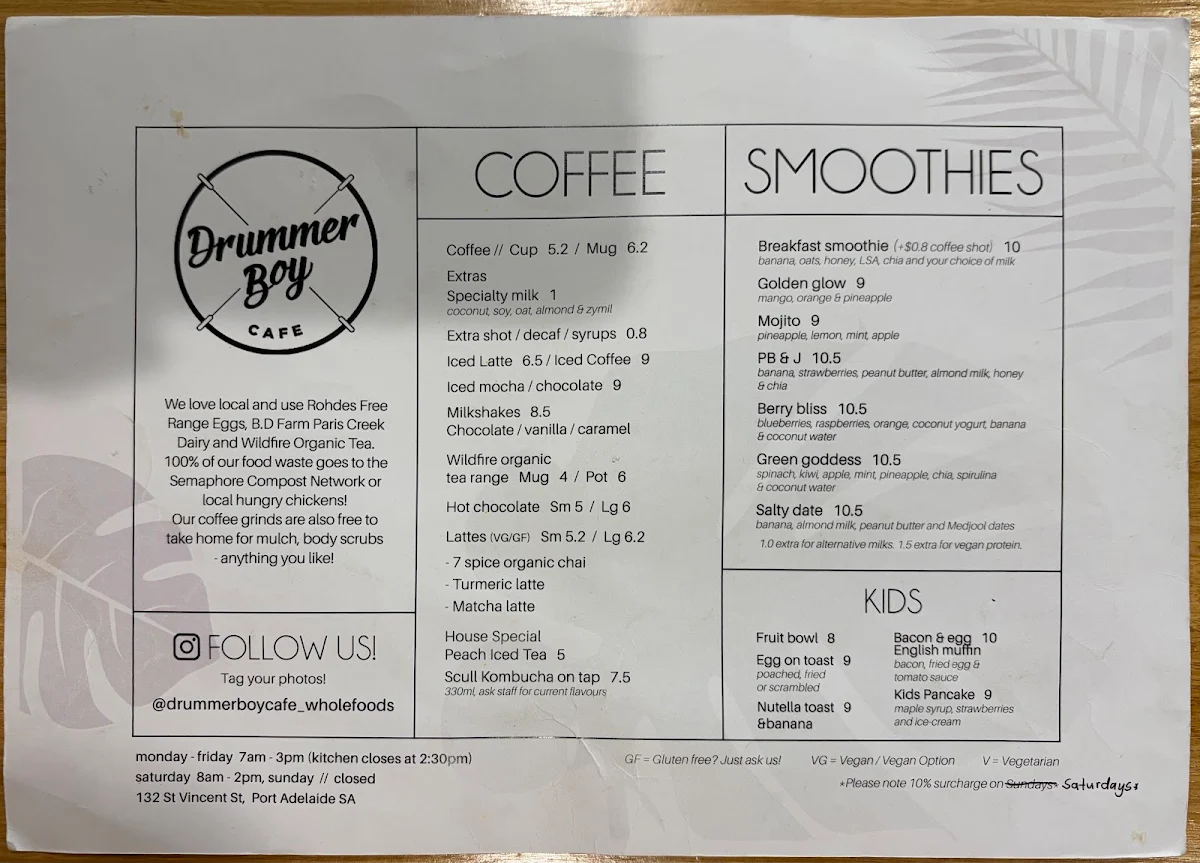 Menu, Drummer Boy Cafe