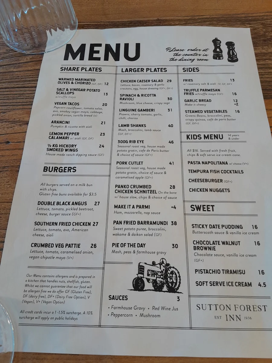 Menu, Sutton Forest Inn
