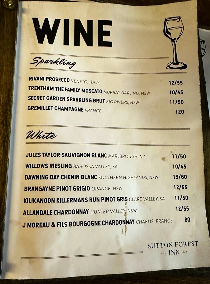 Menu, Sutton Forest Inn