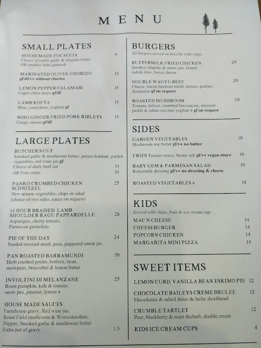 Menu, Sutton Forest Inn