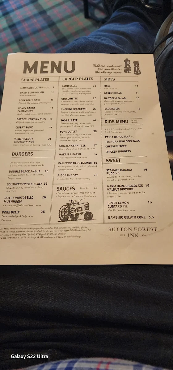 Menu, Sutton Forest Inn