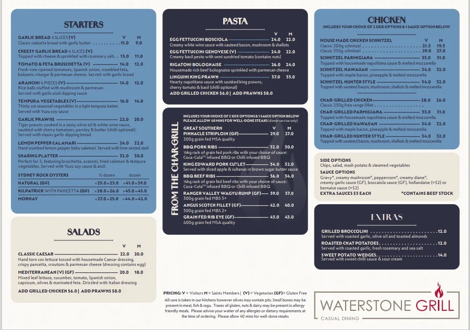 Menu, Waterstone Grill