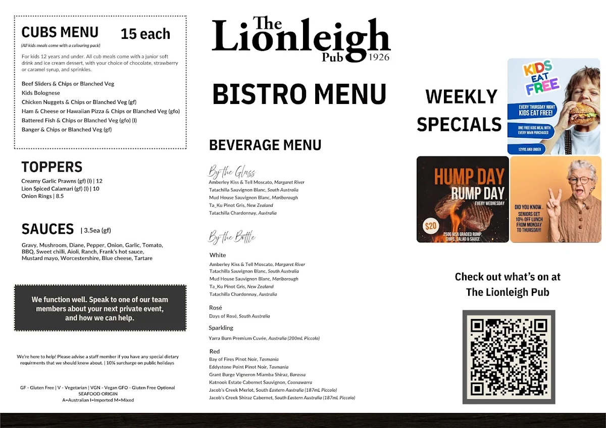 Menu, The Lionleigh Pub