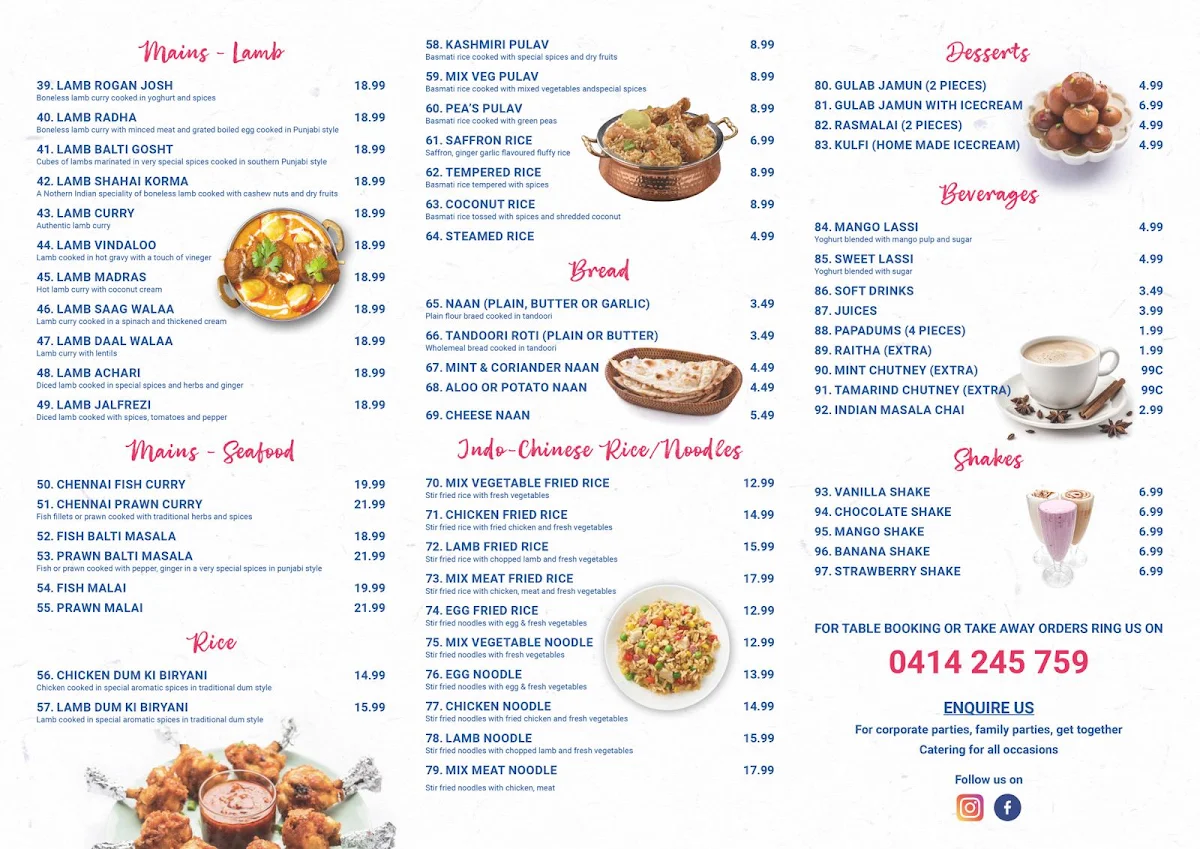 Menu, The Discover India Yarragon
