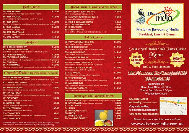 Menu, The Discover India Yarragon