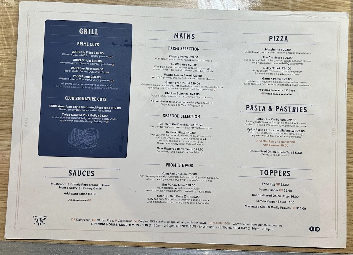 Menu, The Club Hotel Chinchilla