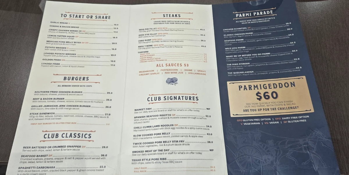 Menu, The Club Hotel Chinchilla