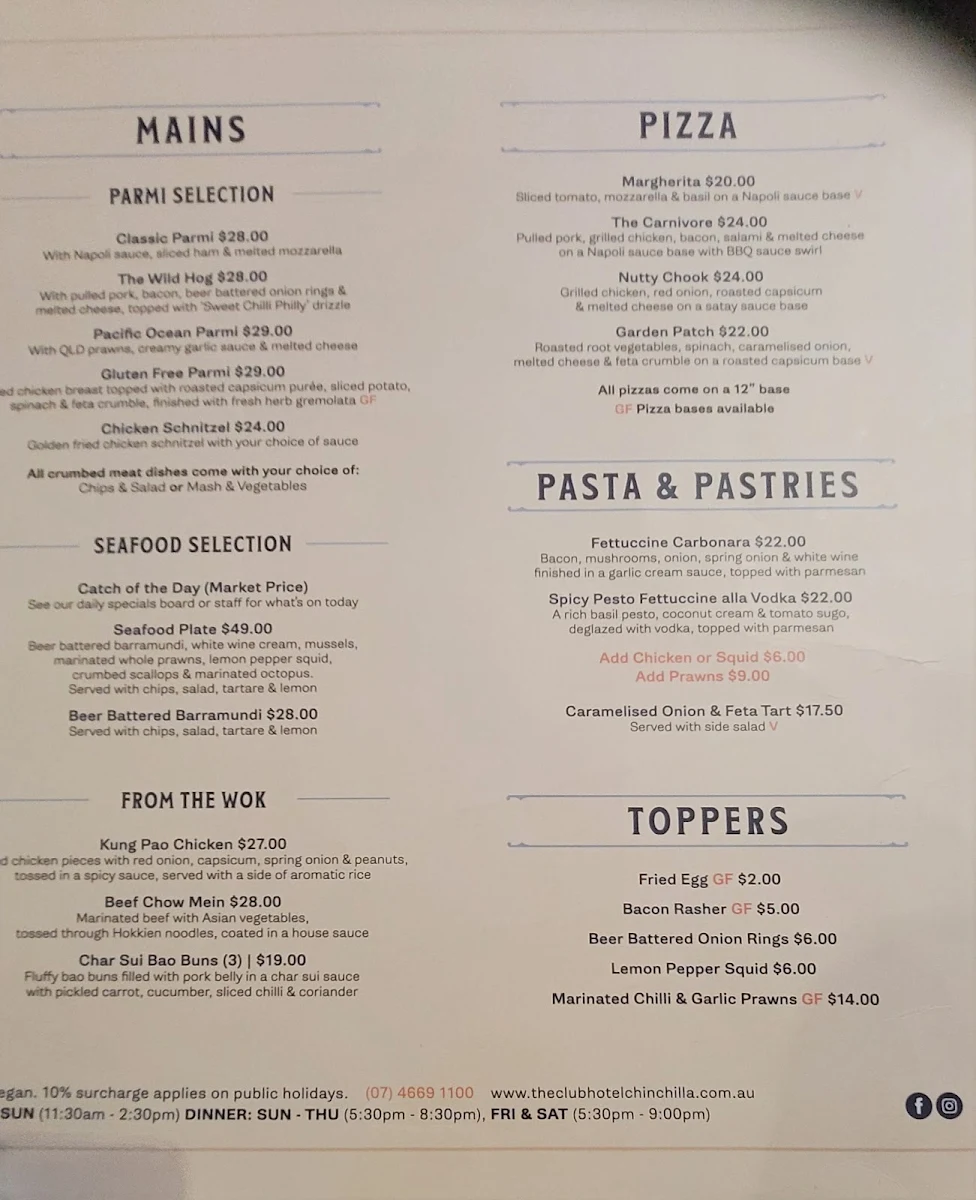 Menu, The Club Hotel Chinchilla