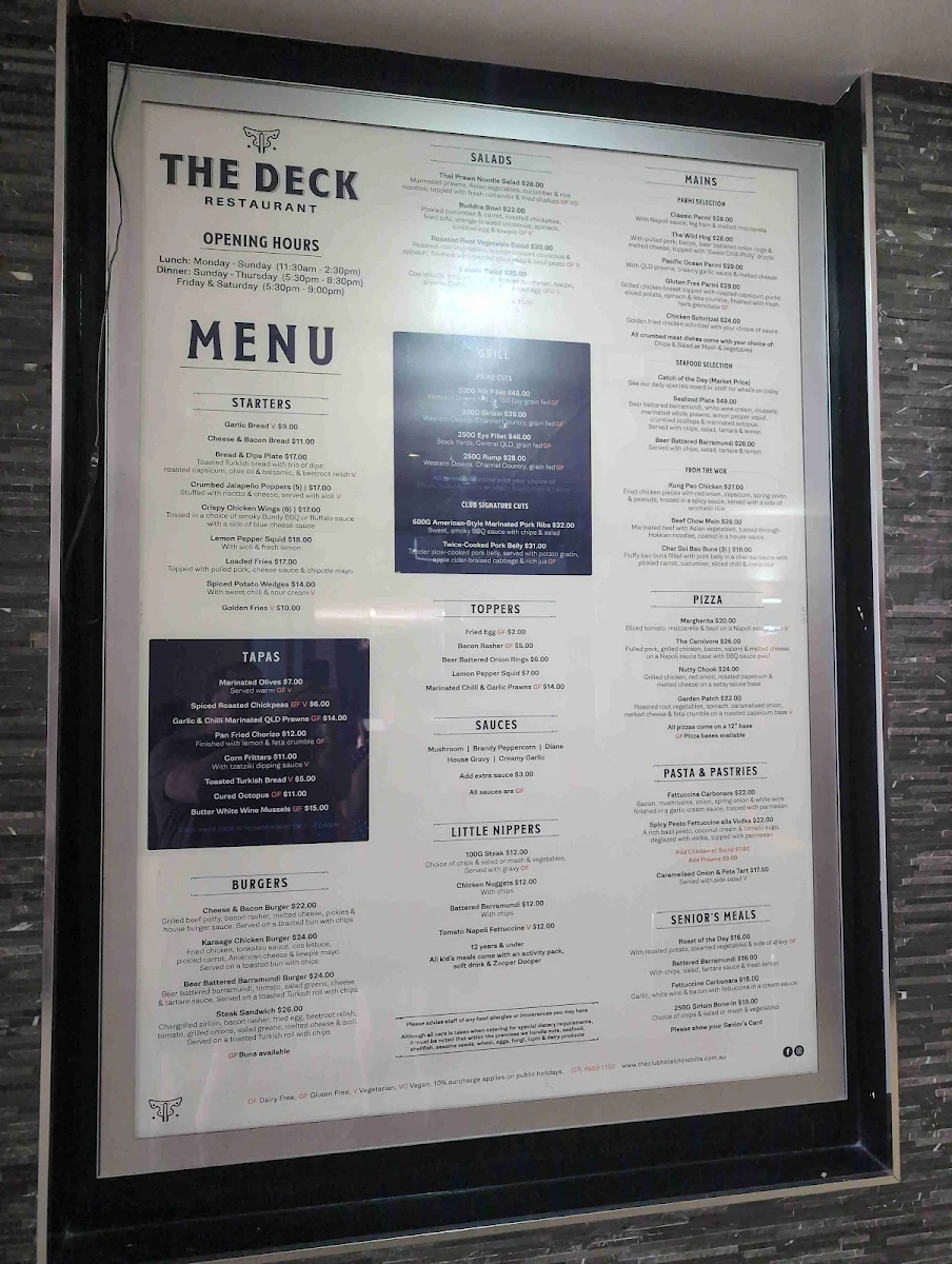 Menu, The Club Hotel Chinchilla