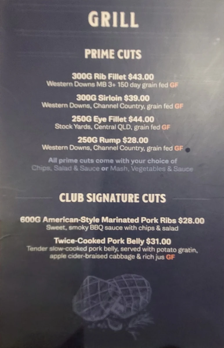 Menu, The Club Hotel Chinchilla