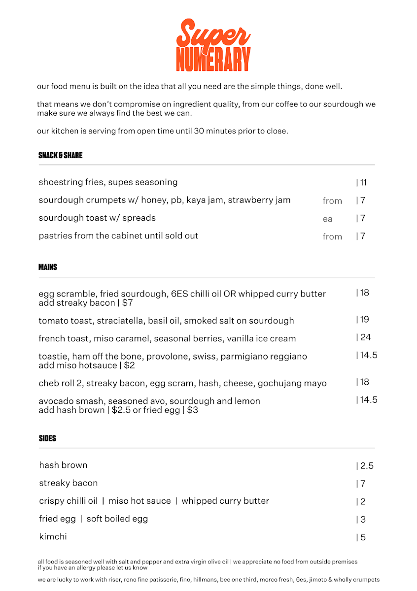 Menu, Supernumerary Coffee