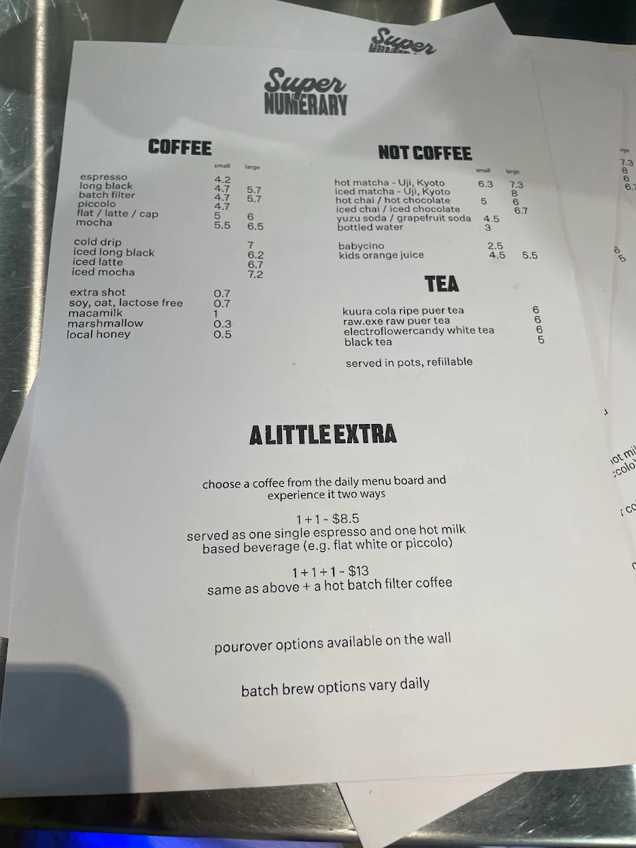 Menu, Supernumerary Coffee
